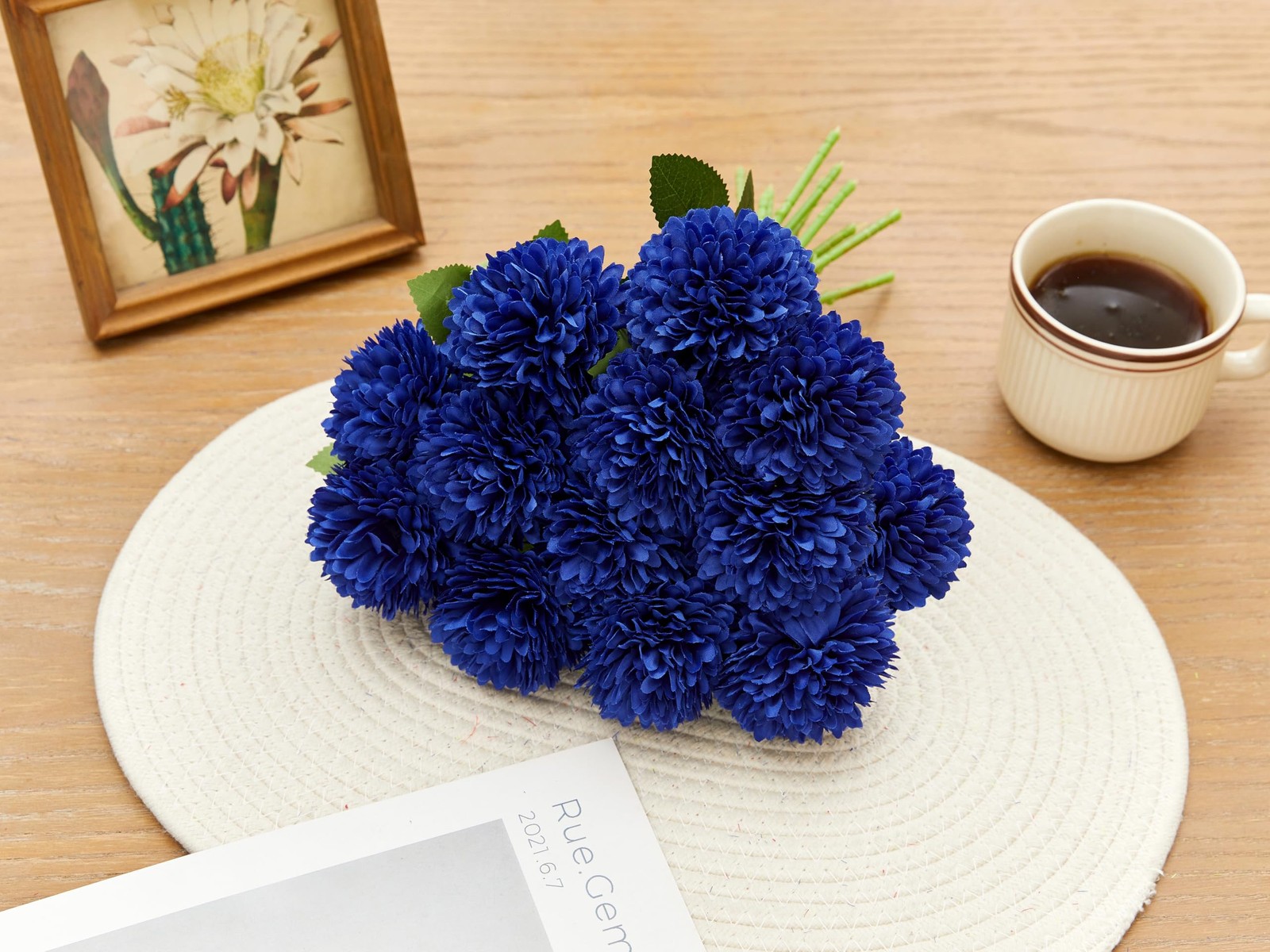 12 PCS Blue Artificial Chrysanthemums Ball Flowers Silk Fake Mums Decor