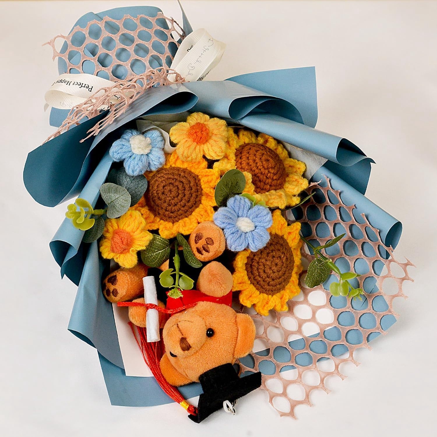 Graduation Gifts Crochet Flower Bouquet, Handmade Sunflower & Rose Bouquet6792