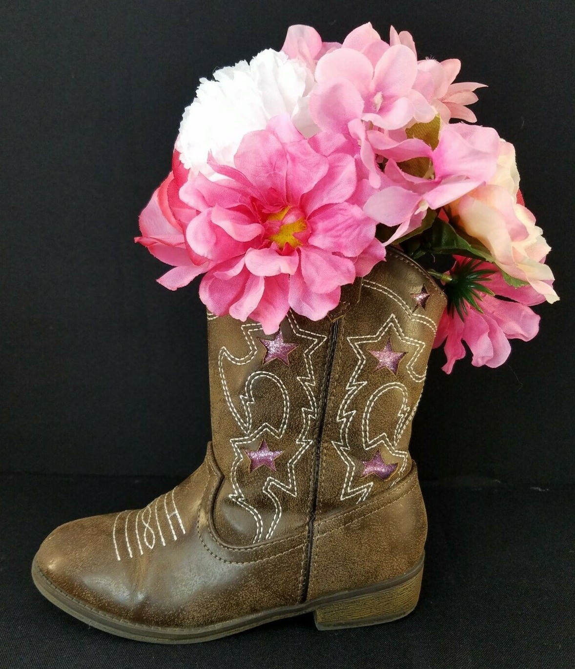 Pink Flowers In Cowboy Boots Handmade Original By Andrea Floral Décor B16-370