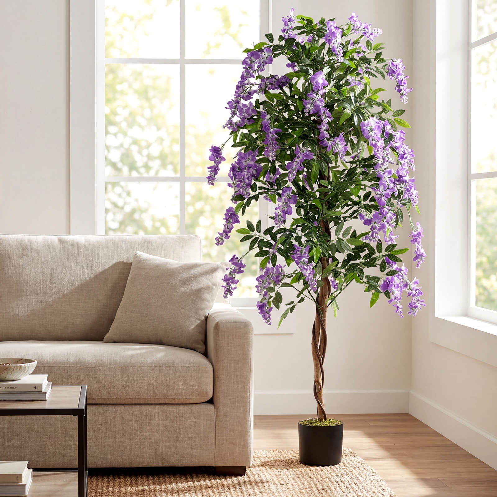 6 FT Artificial Wisteria Tree Set of 2 w/Natural Trunks Purple Lifelike Flowers