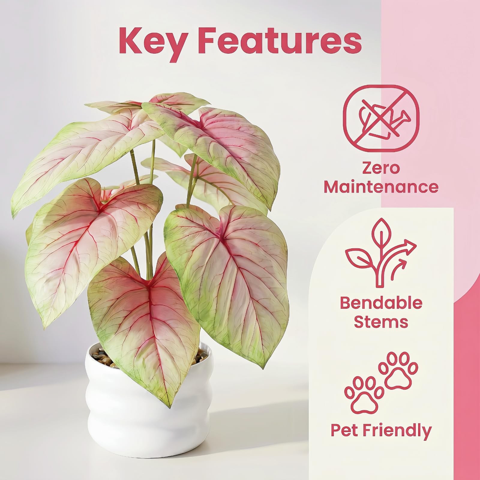 Faux Caladium Bicolor Plants in White Pot, 15.7″ Tall Fake Alocasia Potted Se…