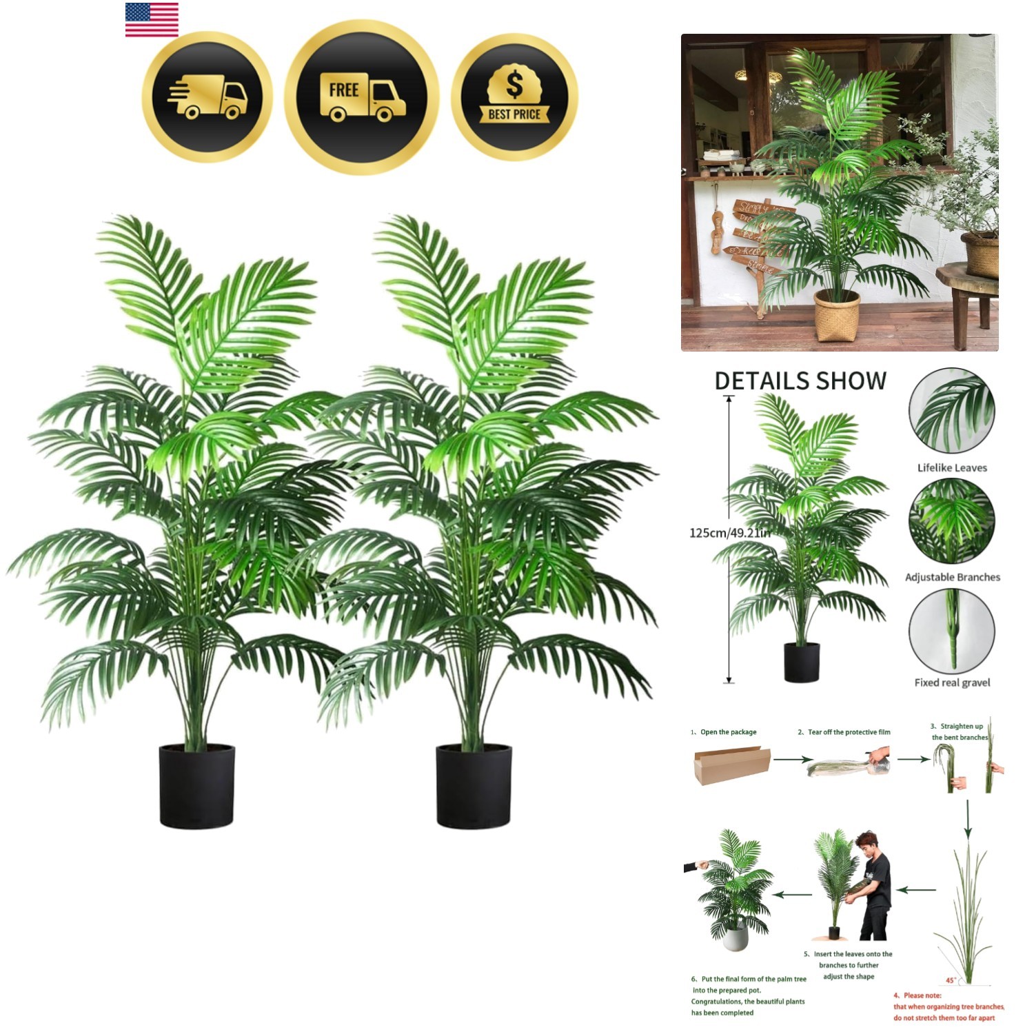 4ft 2pcs Large Artificial Plants Fake Palm Tree Tropical Palm Leaves Faux Pal…