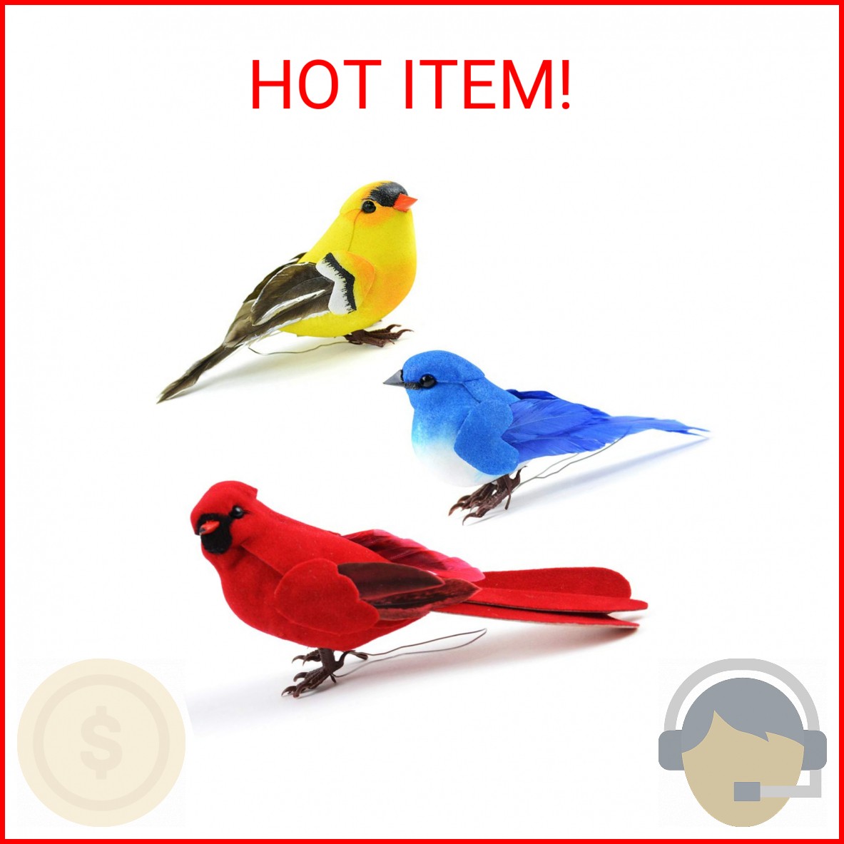 Set of 3 Artificial Birds for Decoration, Floral Arrangements and Arts & Crafts