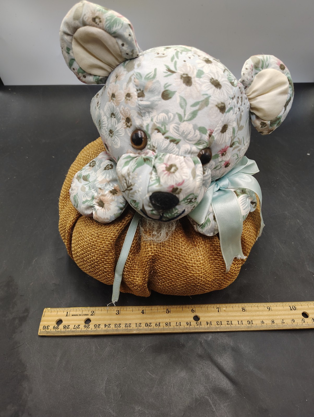 VTG Floral Teddy Bear Burlap Pumpkin Fabric Doorstop 9 Inch Heavy 3 Lb
