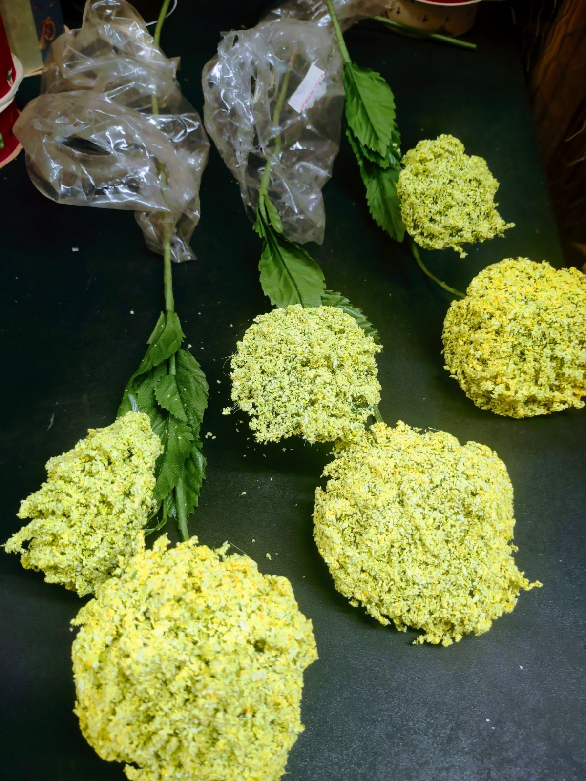 Set of 3 Stems: Yellow Fluffy Yarrow, Wired Bloom Heads with Silk Leaves 21″