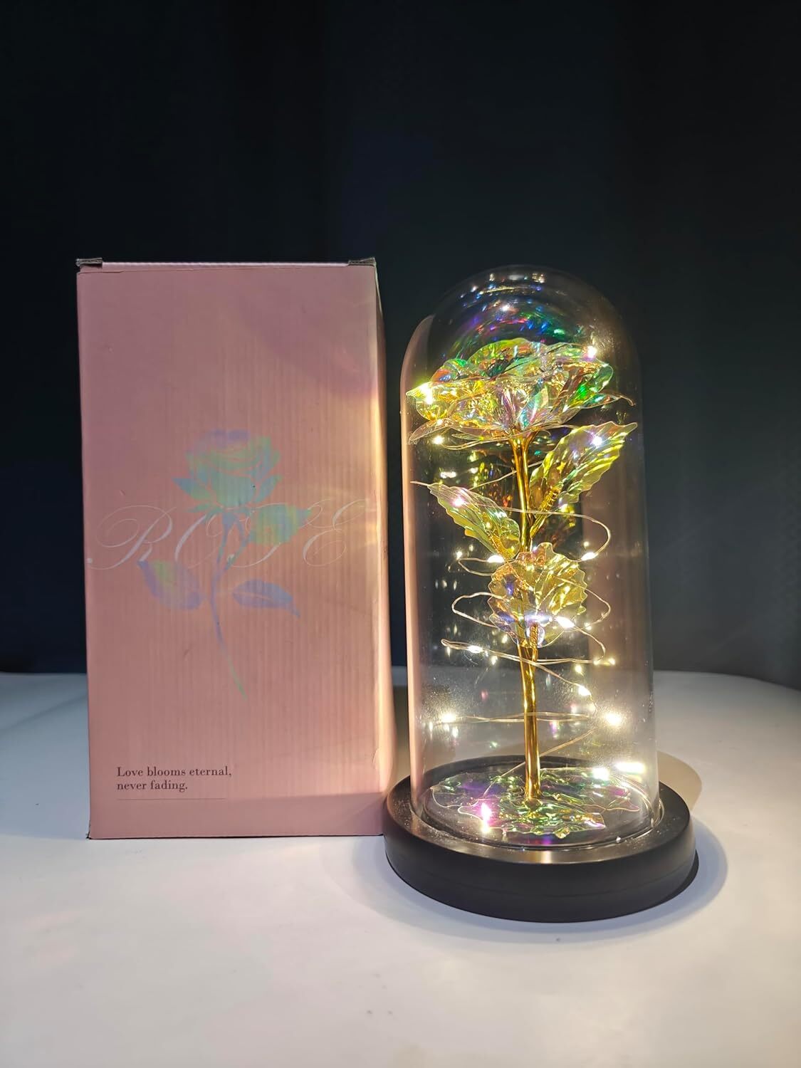 Eternal Rose Flowers with LED Light in Glass Display Case