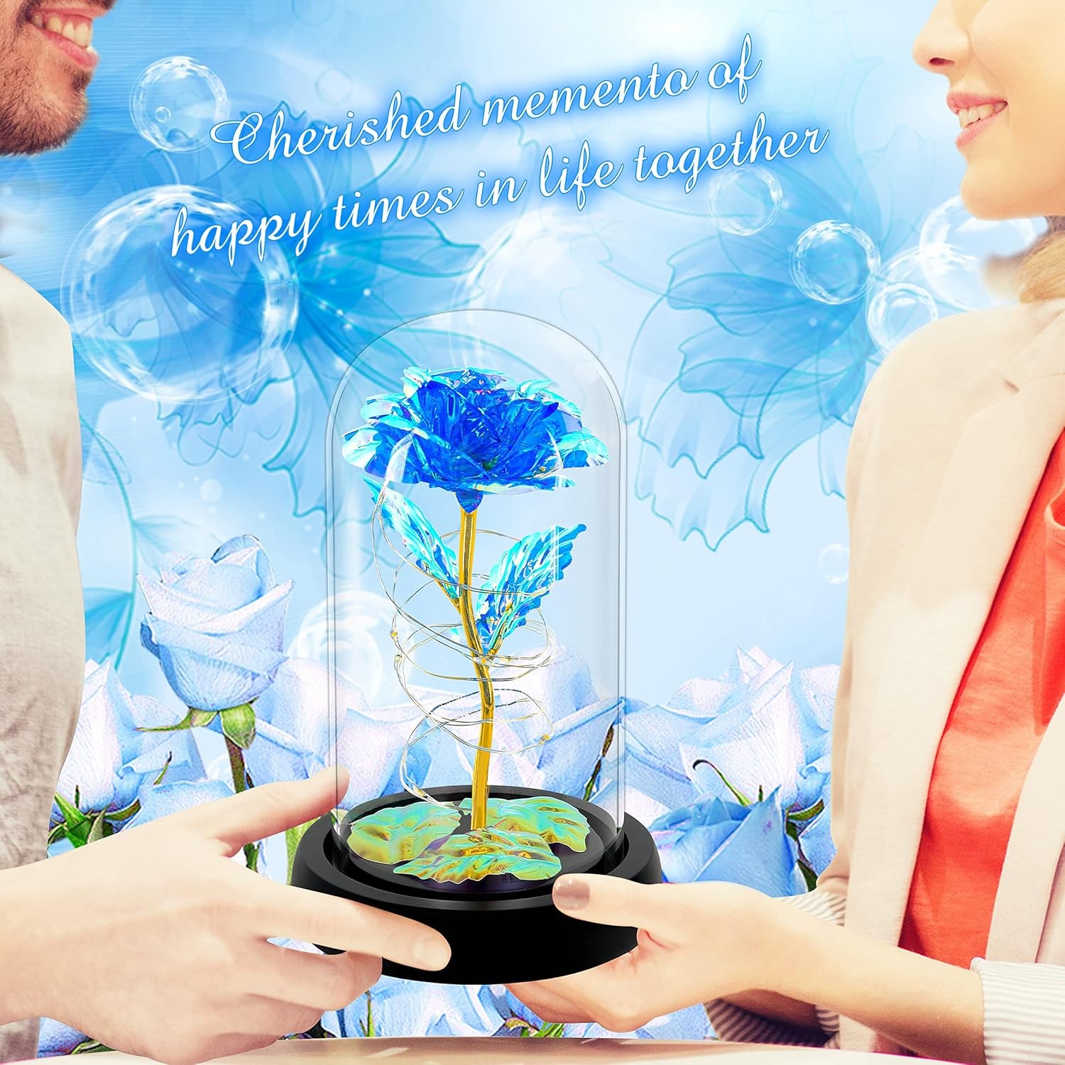Blue Colorful Artificial Flower Rose Gift, Light up in Glass Dome, Women Gifts