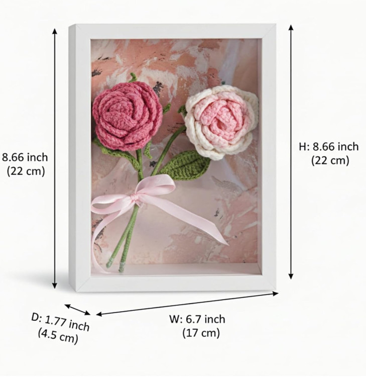 NWT Seyont Handmade 9″ Pink Crochet Flower in White Shadow Box Frame 3D Art