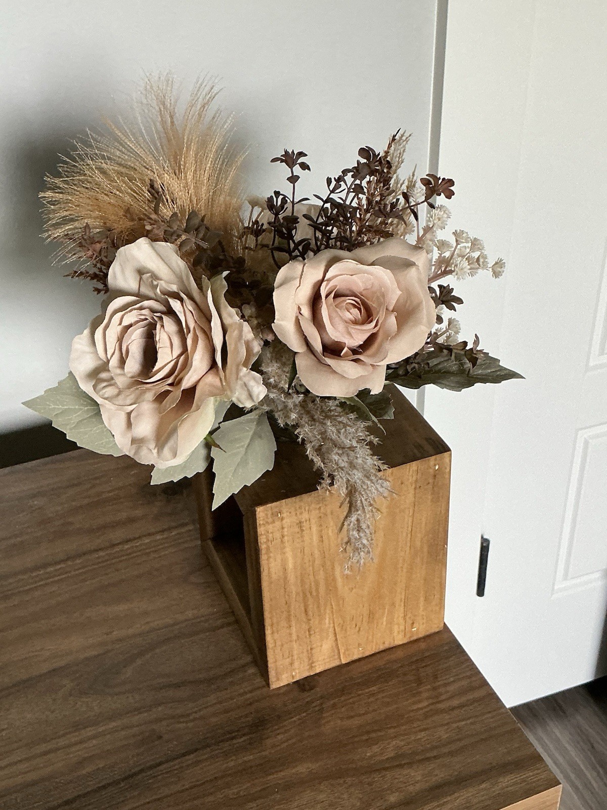 Rustic Farmhouse Wooden Glass Jar Holder W/Dahlia, Rose, & Pampas Grass Bouquet