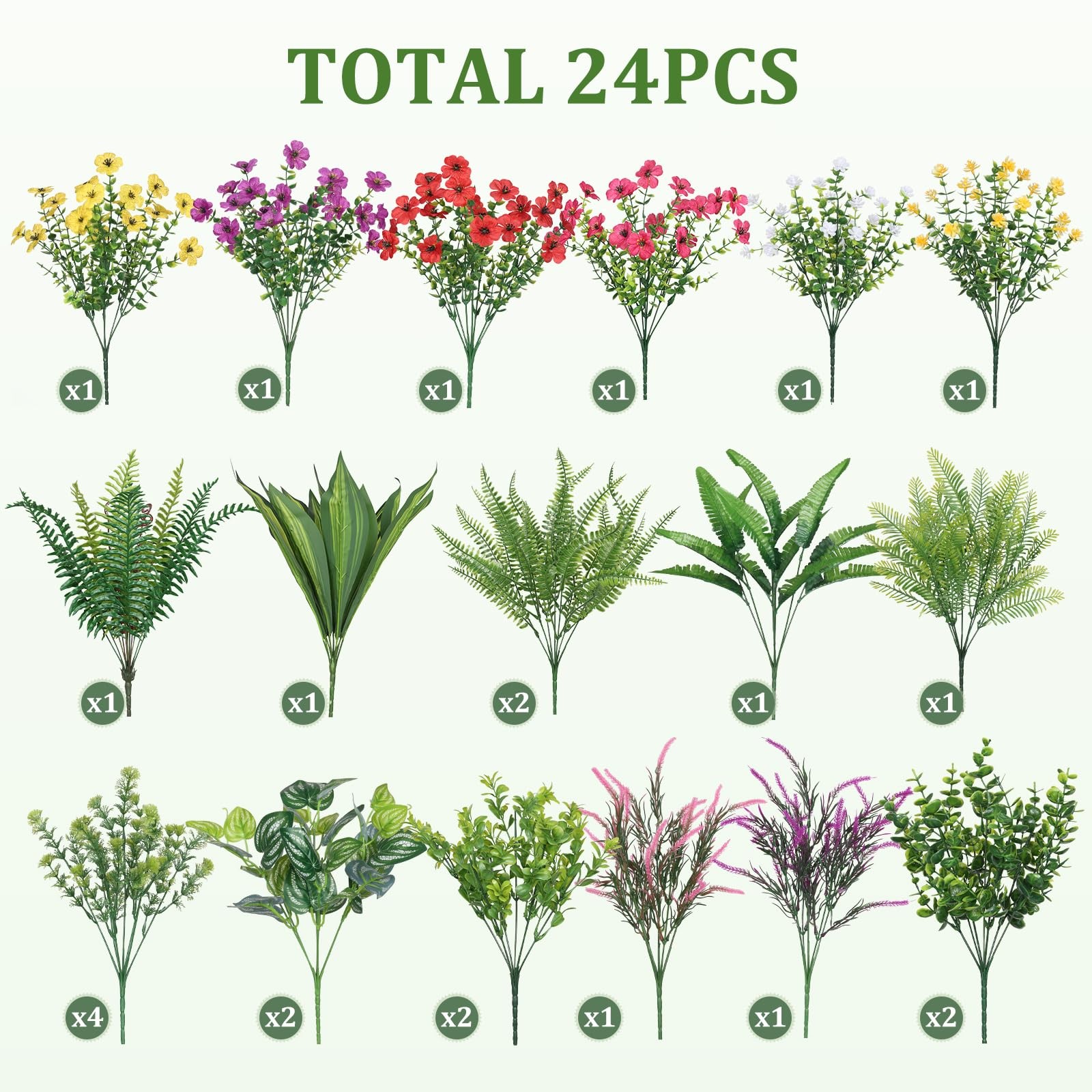 Artificial Plants UV Resistant Greenery Silk Flowers Plastic Faux Stems 24 Pcs
