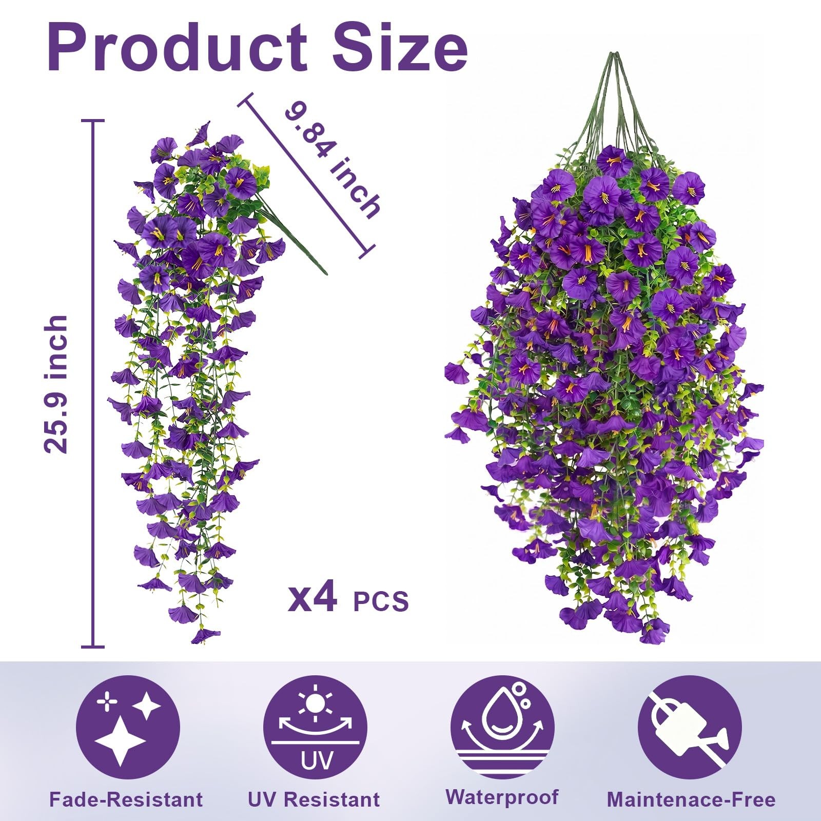 Artificial Hanging Flowers for Outdoor, 4Pcs UV Resistant Faux Morning Glory …