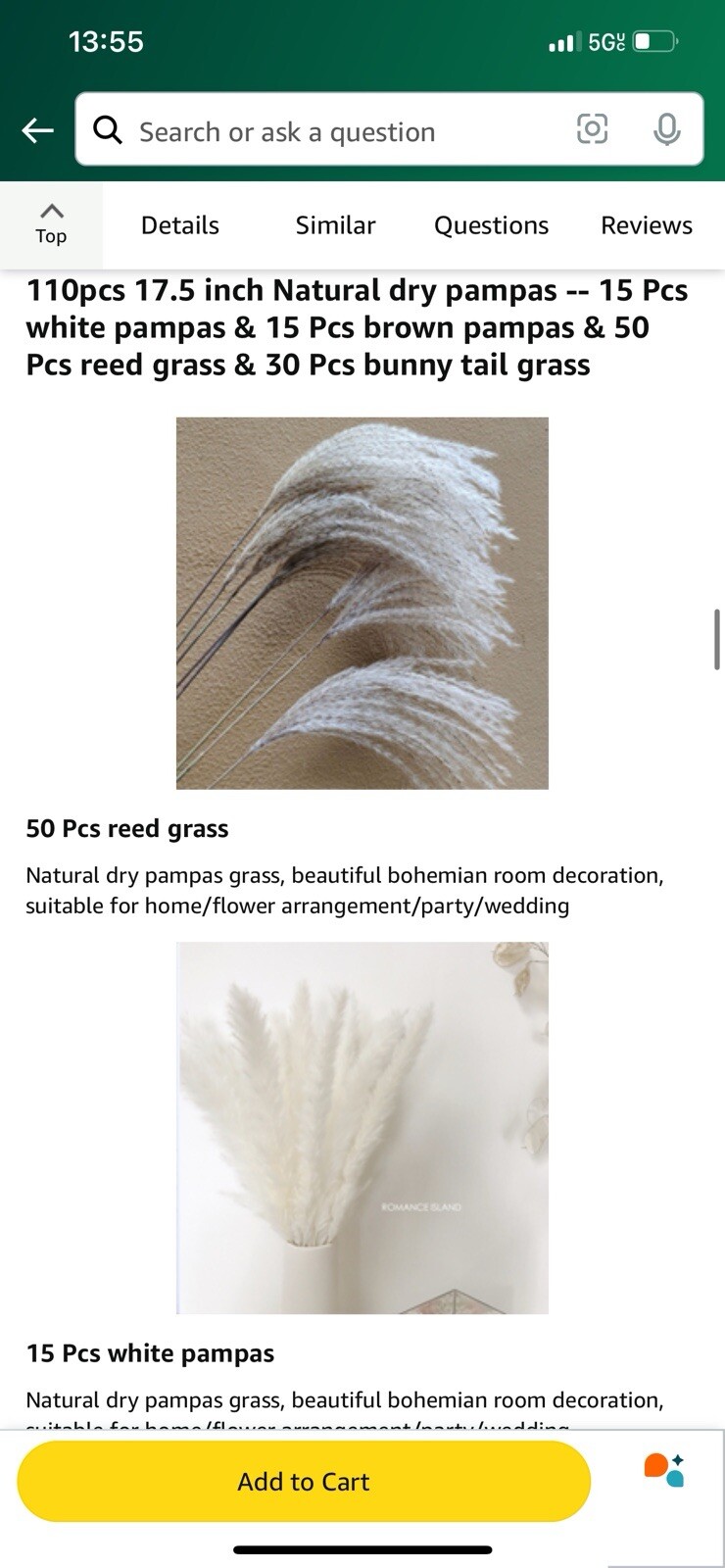Pampas Grass Decor 110 pcs 17.5inch Natural Dried Pampas Grass-15Pcs White Pampa