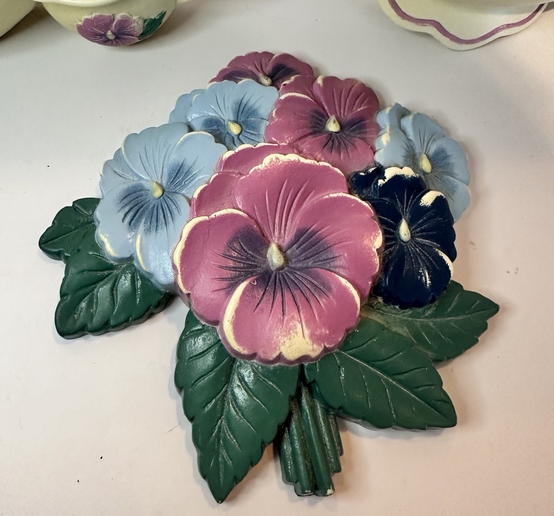 Vintage Burwood Pansy Flower & Teapot Wall Hanging Plaques Set (3)