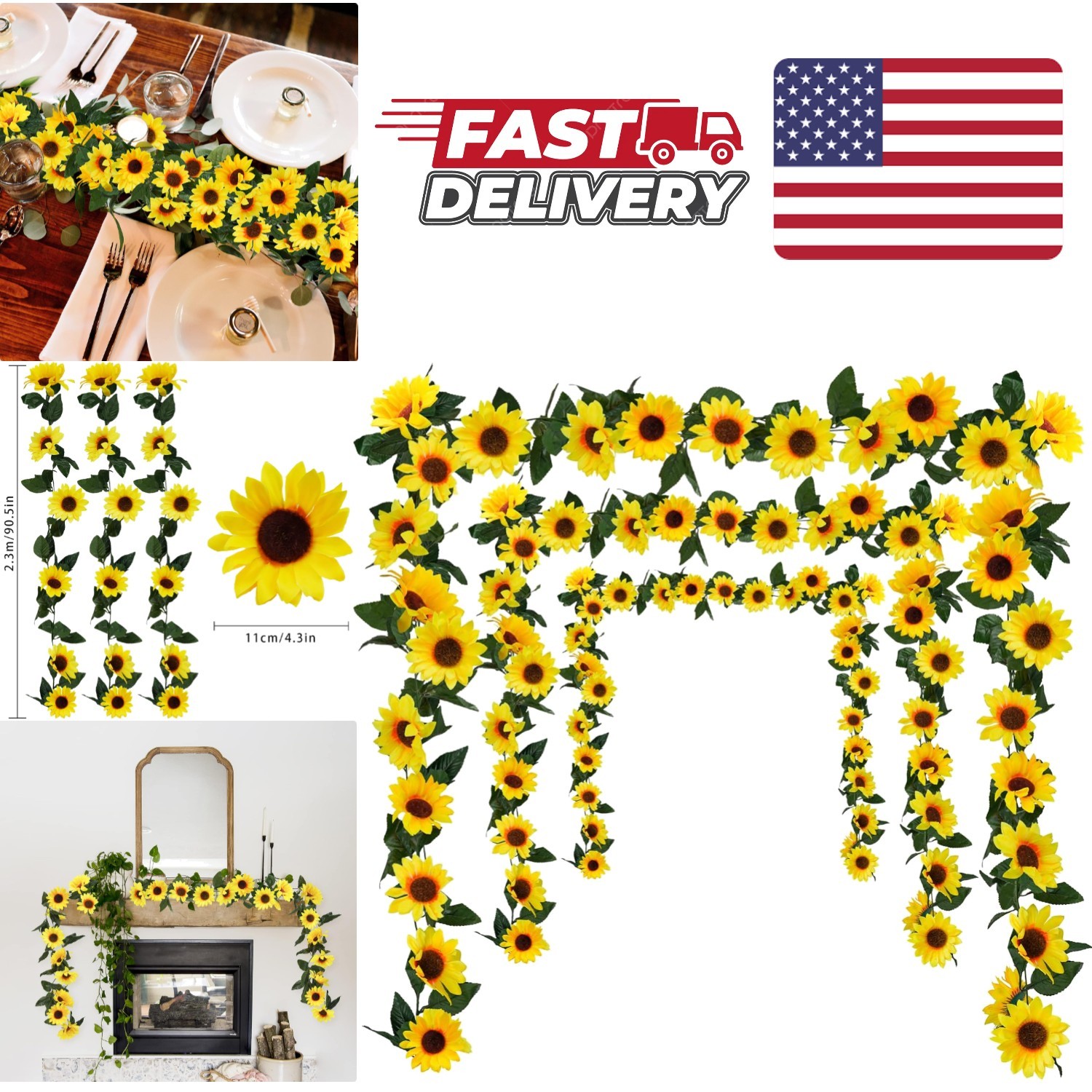 Artificial Sunflower Garland 3 Pack 7.5ft Silk Flowers with Green Leaves