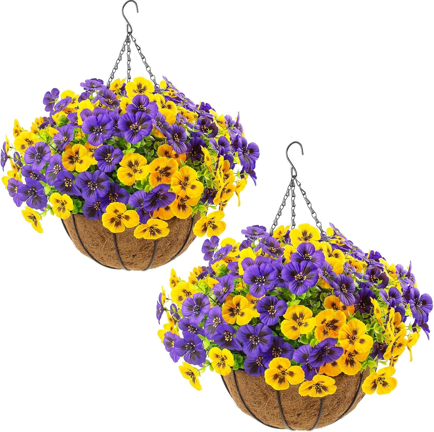 2 Sets Artificial Hanging Pansy Flowers W/ Baskets 24 Pcs UV Resistant Faux Silk