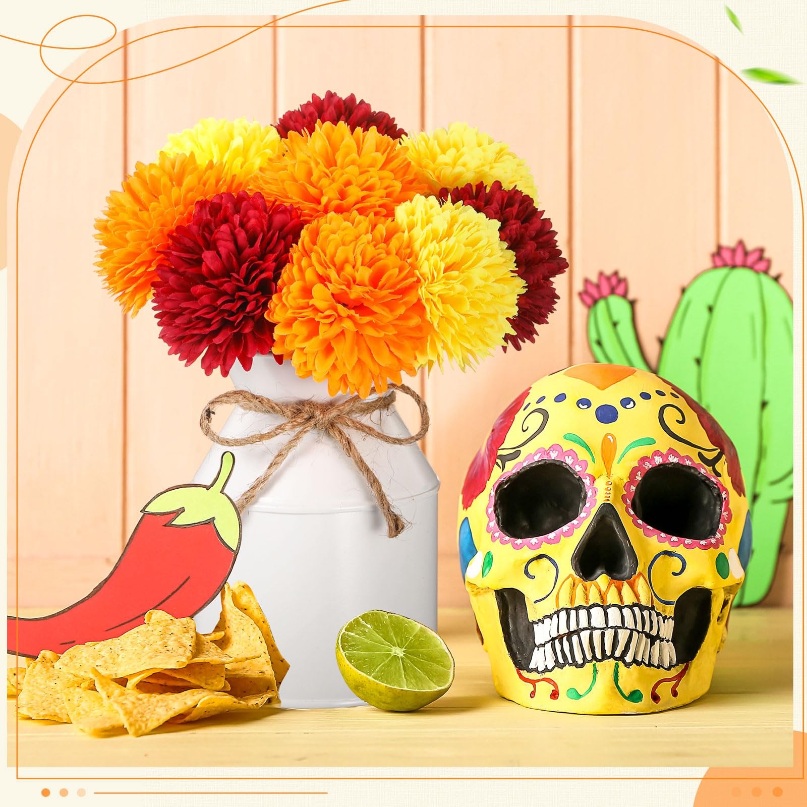 3 Sets Mexican Artificial Marigold Flowers 27 PCS Silk Mums Metal Pots