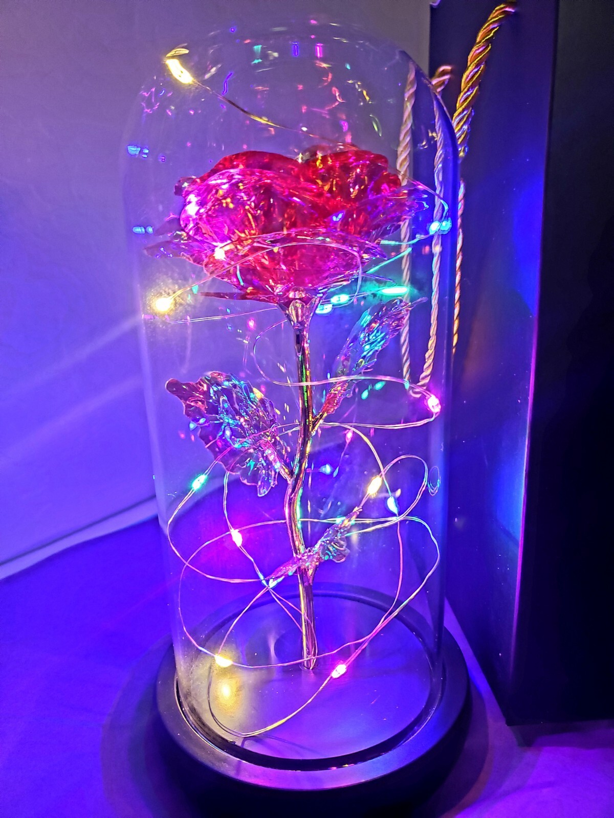 LED Galaxy Pink Rose in Glass Dome Light Up with gift box included romantic gift