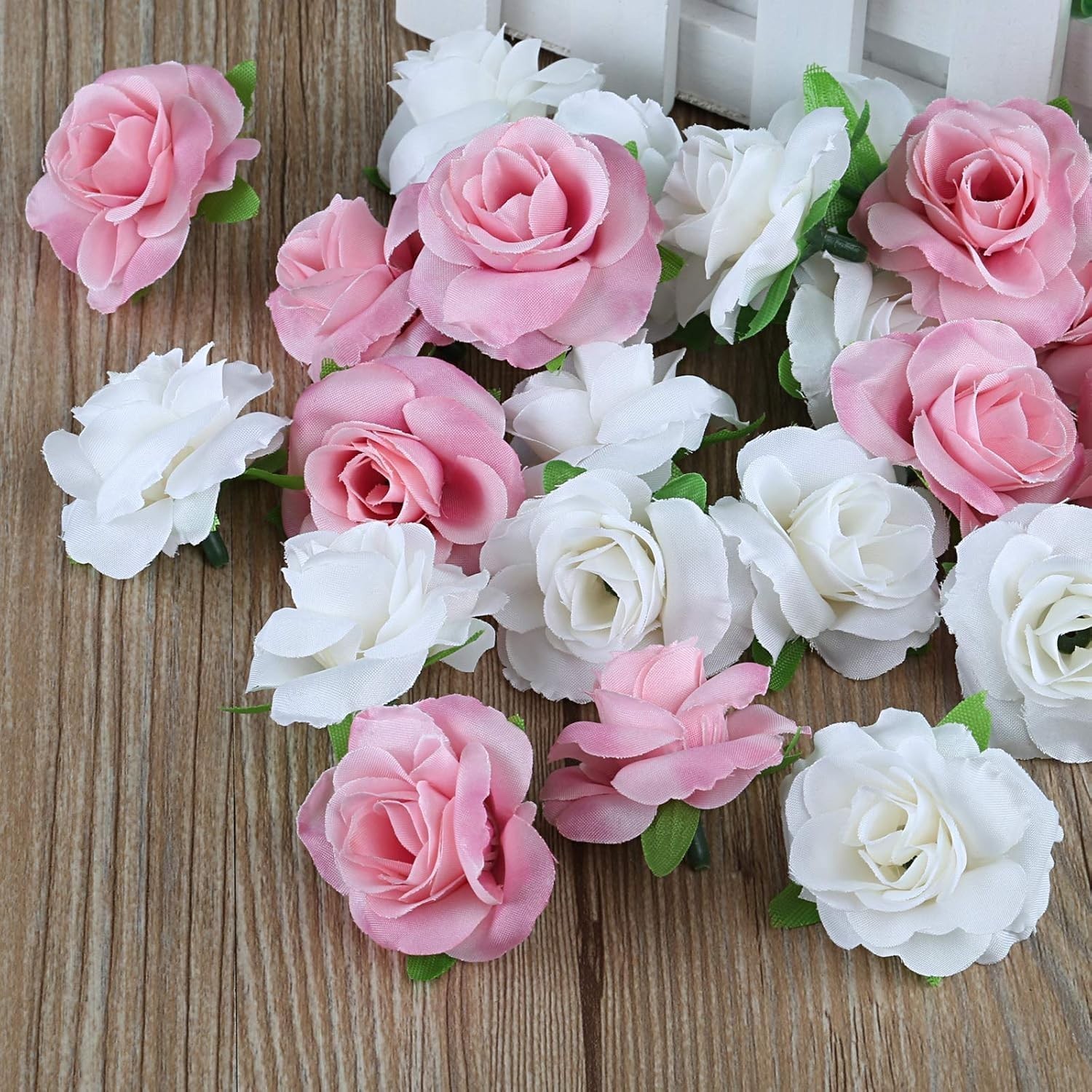Lifelike 50pcs Silk Roses – Mini Pink & White Flower Heads for Events & Crafts
