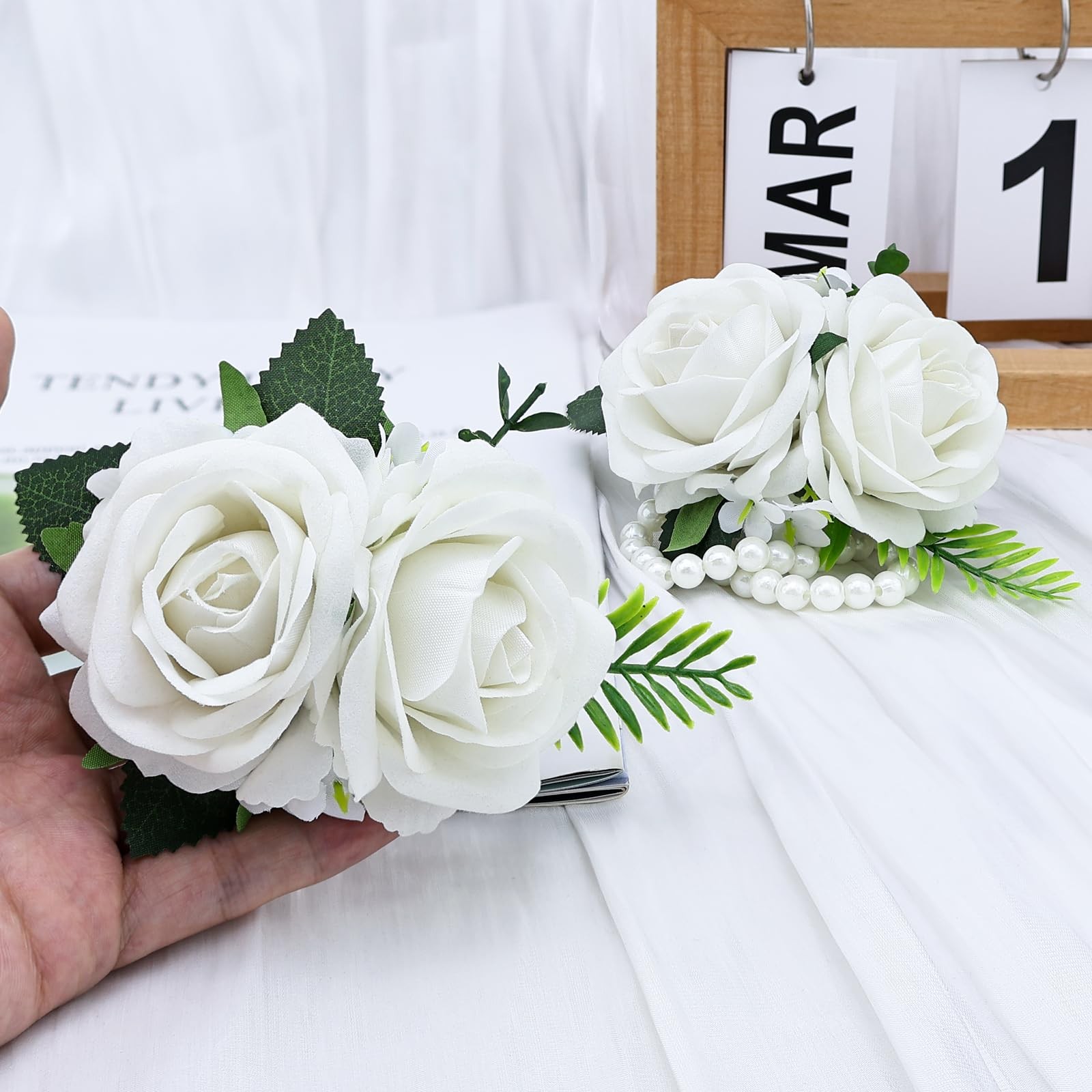2Pcs White Artificial Rose Wrist Corsage Wristlet Band and Boutonniere Set, f…