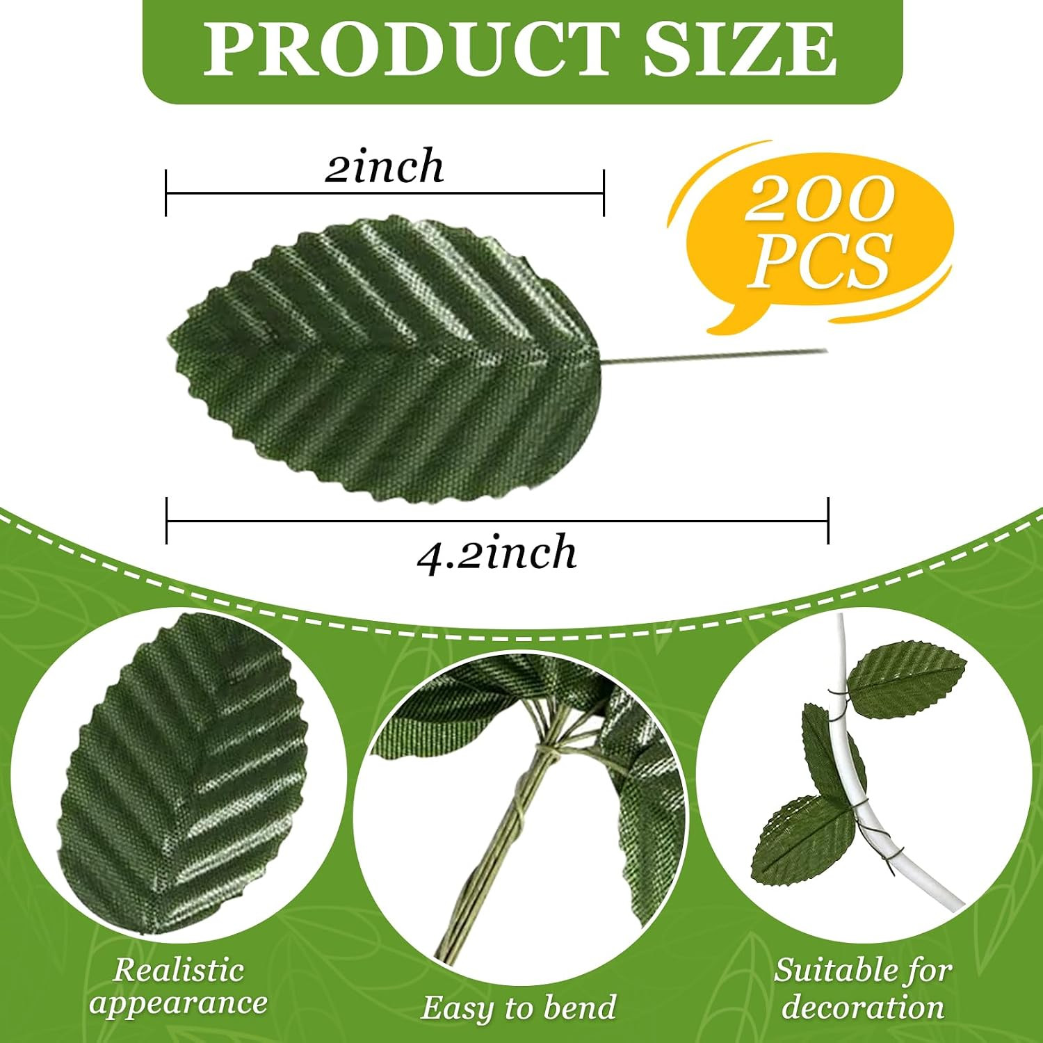 Artificial Leaves,200 Pieces Faux Wired Single Leaf Fake Rose Wire Crafts Leaves