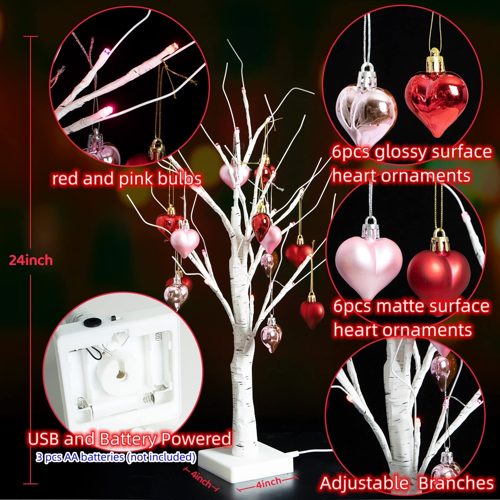 2Pack Valentines Day Decor Lighted Birch Tree with Heart-Shaped Ornaments,USB…