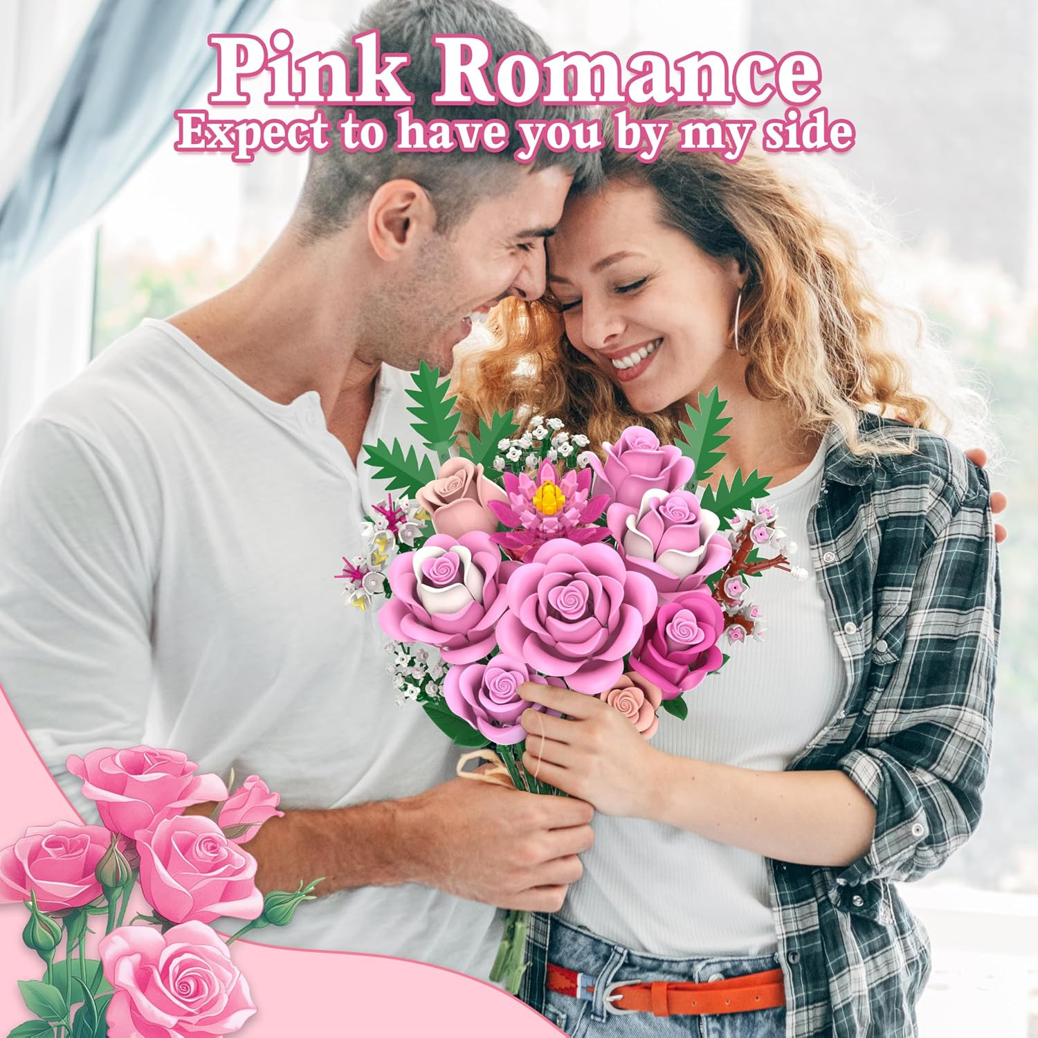 Pink Rose Bouquet Flowers Building Set, 834Pcs Roses Artificial Flowers Botanica