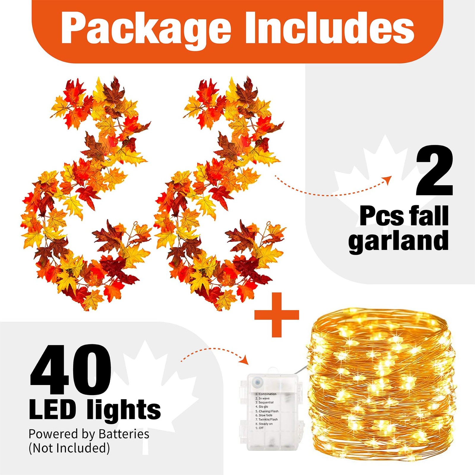 KASZOO 2 Pack Fall Maple Garland with 40 LED String Light- 5.8ft/Piece Artifi…