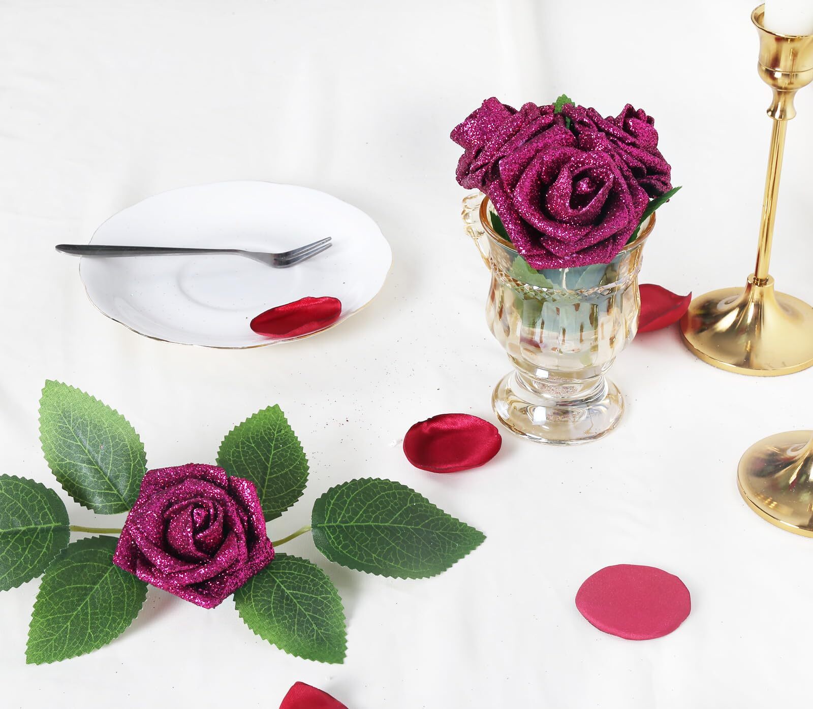 25-Piece Glitter Roses Deep Pink Foam with Stems for Wedding Party Decor