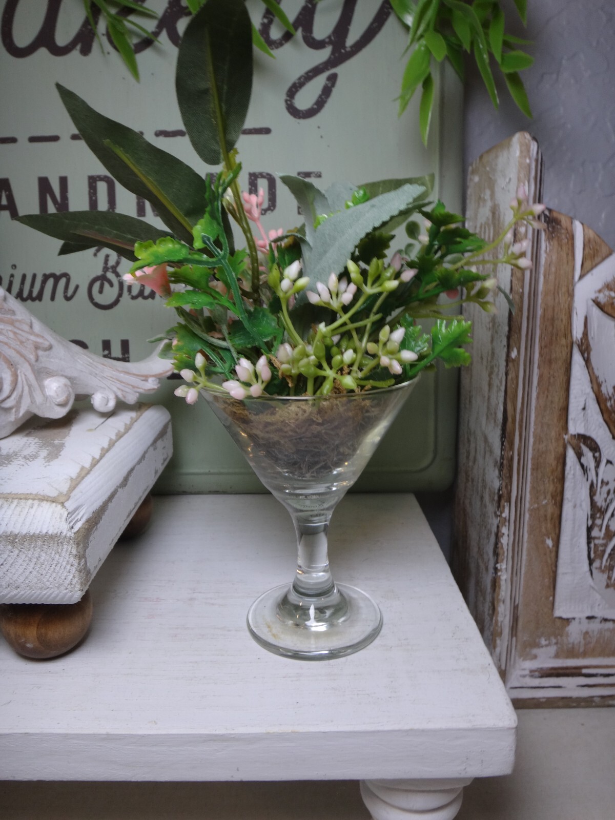 SMALL Floral arrangement centerpiece, tiered tray decor, in mini cocktail glass