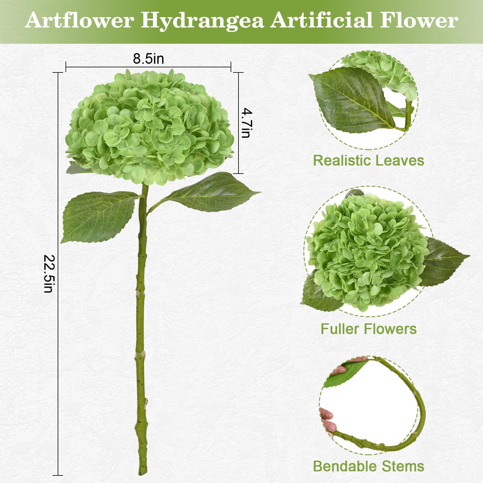4Pcs Real Touch Hydrangea Artificial Flowers, 22.5” Light Green & Dark Green…