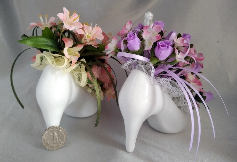 Lot (2) High Heeled Shoe Floral Arrangements w/ Cherubs (Pink/Purple & Peach)