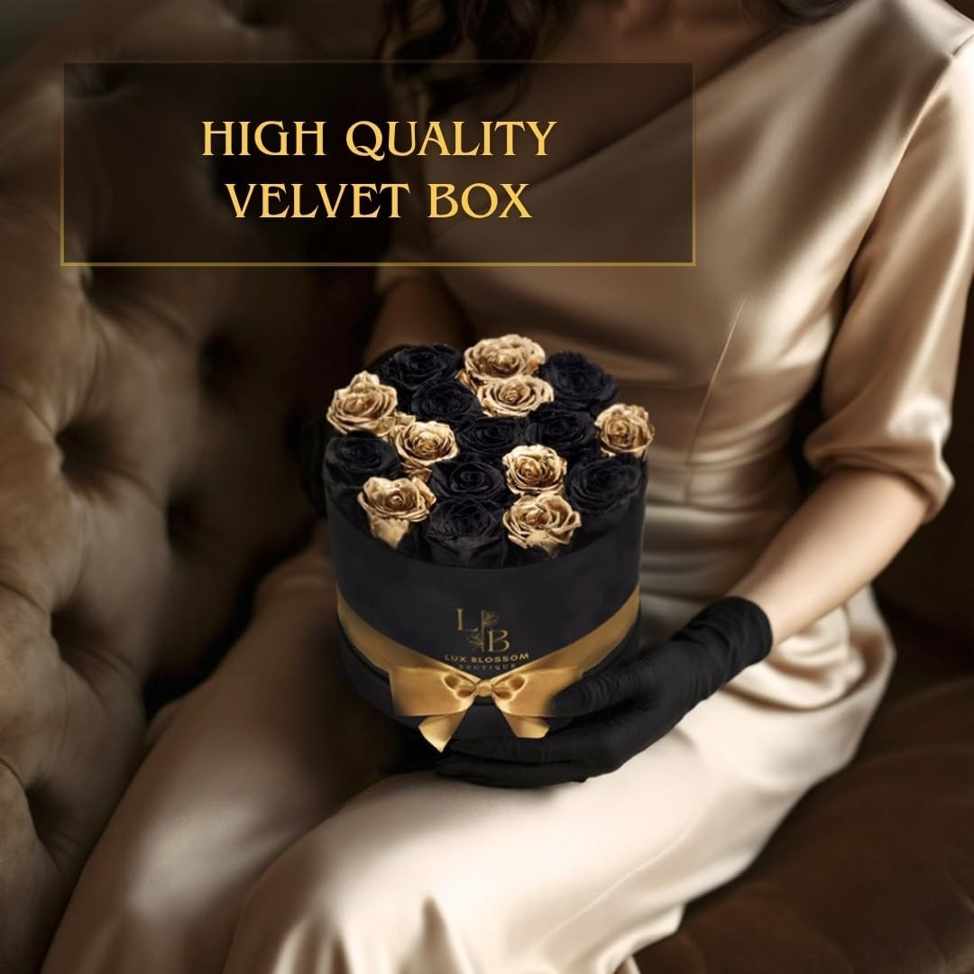 17 Black & Gold Forever Roses in Velvet Box – Luxury Preserved Graduation Gifts,