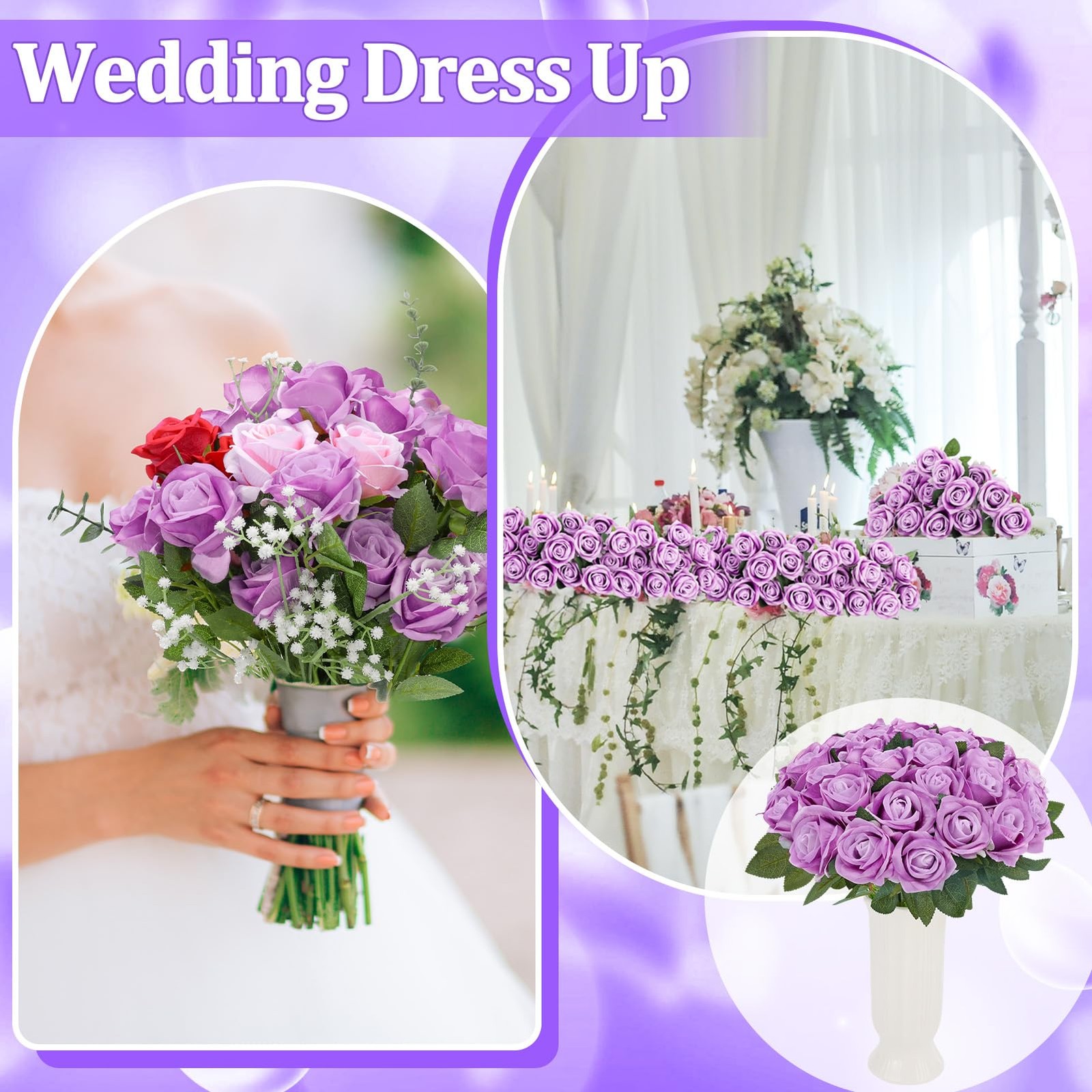 Ovveroche 90 Pcs Purple Velvet Rose Artificial Flowers with Long Stems, Fake …