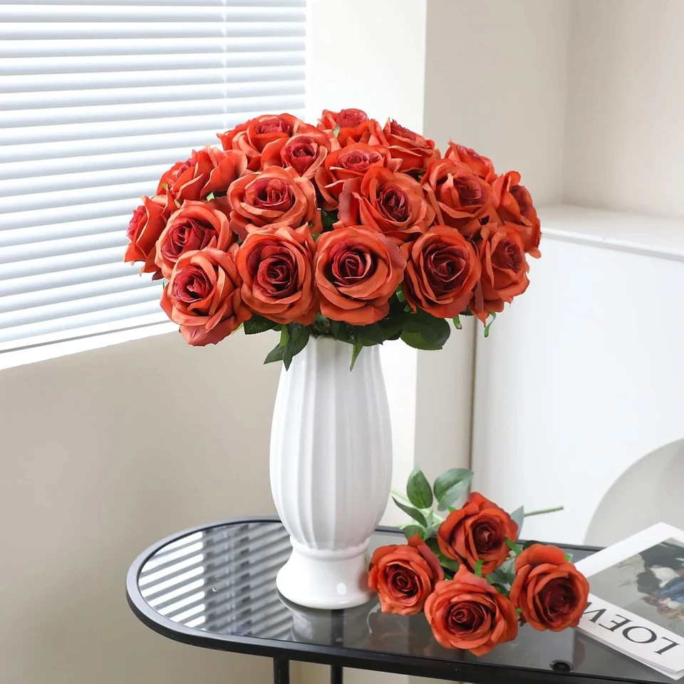 Orange Roses Artificial Flowers -12 Pcs Long Stem Silk Roses, Realistic Fake Ros