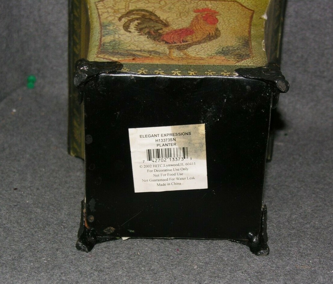 Metal Flower Arrangement Square Pot with Rooster Design Scratched