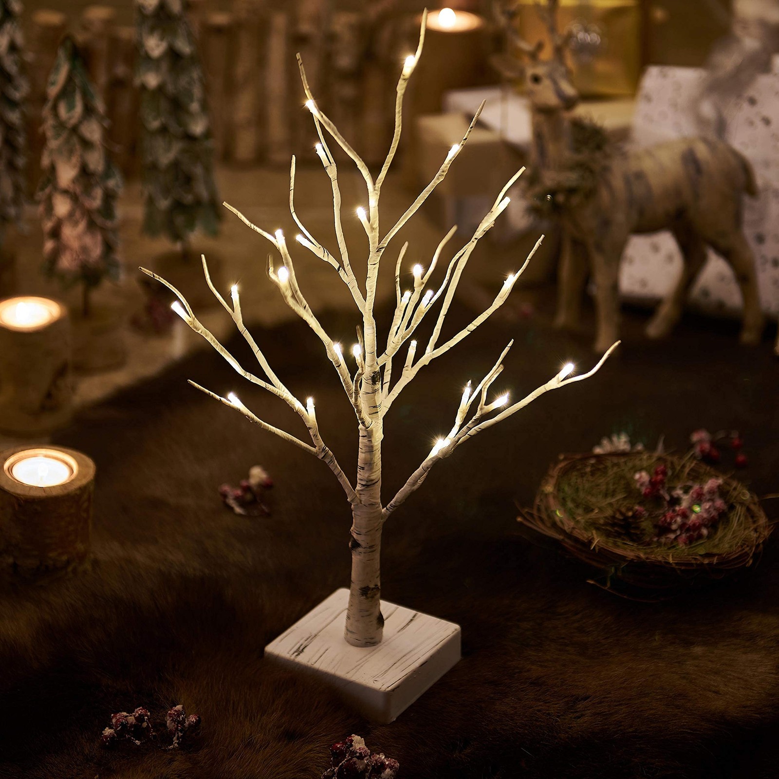 PreLit Tabletop Birch Tree 24LED Timer Battery Operated 18 In 2 Sets