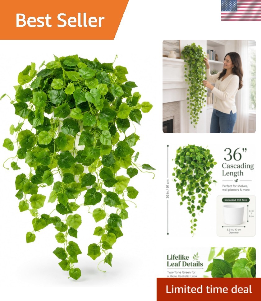 36″ Fake Pothos Hanging Plant in Pot, Artificial Hanging Plant with 168 Lush …