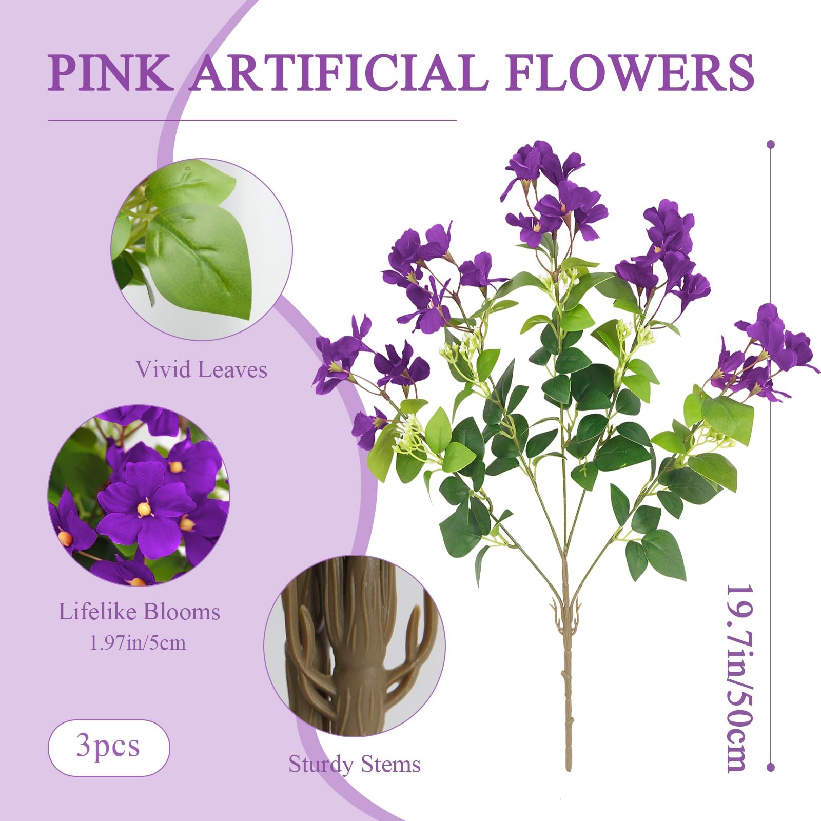 3Pcs Artificial Flowers for Outdoors Fake Silk Periwinkle Flowers UV Resistan…