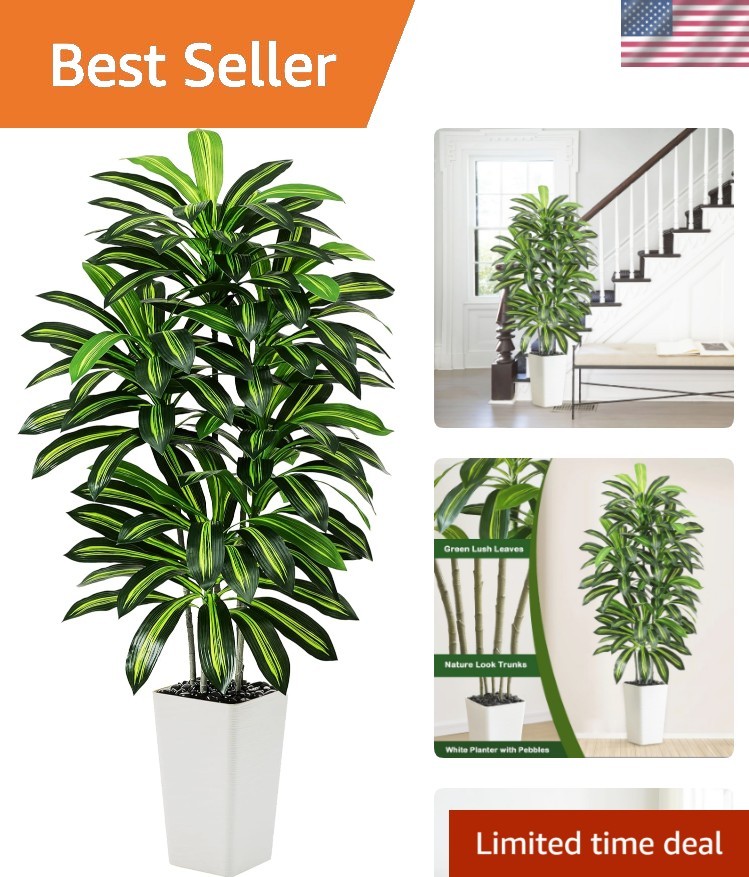 Artificial Dracaena Tree – 5FT Tall Fake Plants with White Tall Planter – Art…