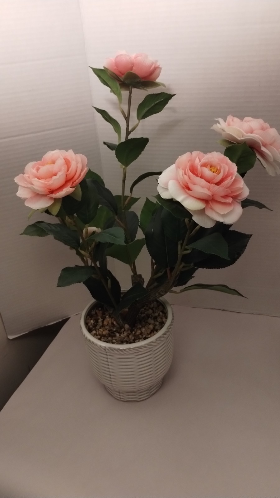 Artificial Camellia Pink/White Faux Plant In A Ceramic Pot, 20″ Tall