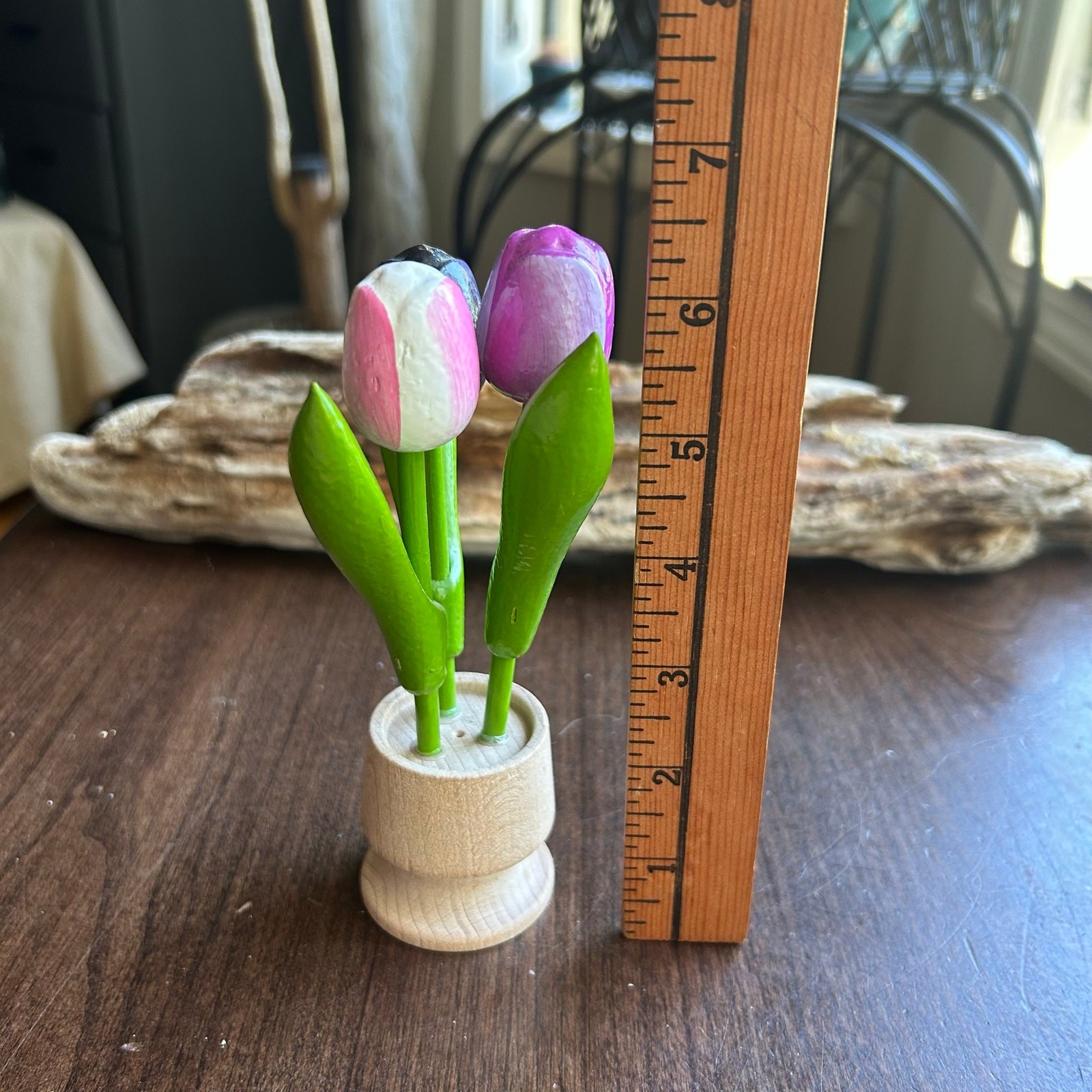 Vintage wood wooden hand carved tan painted tulip flowers