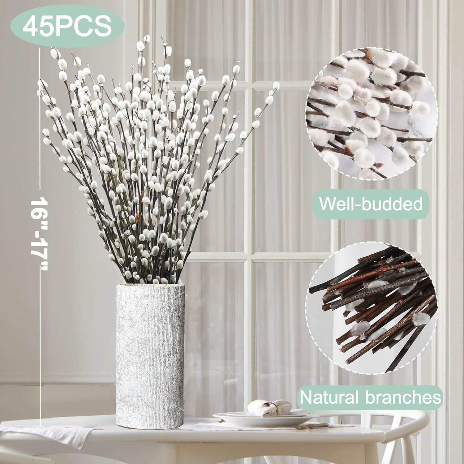 45 Stems 17＂Real Dried Pussy Willow Branches for Vase，100% Natural Pussywillows