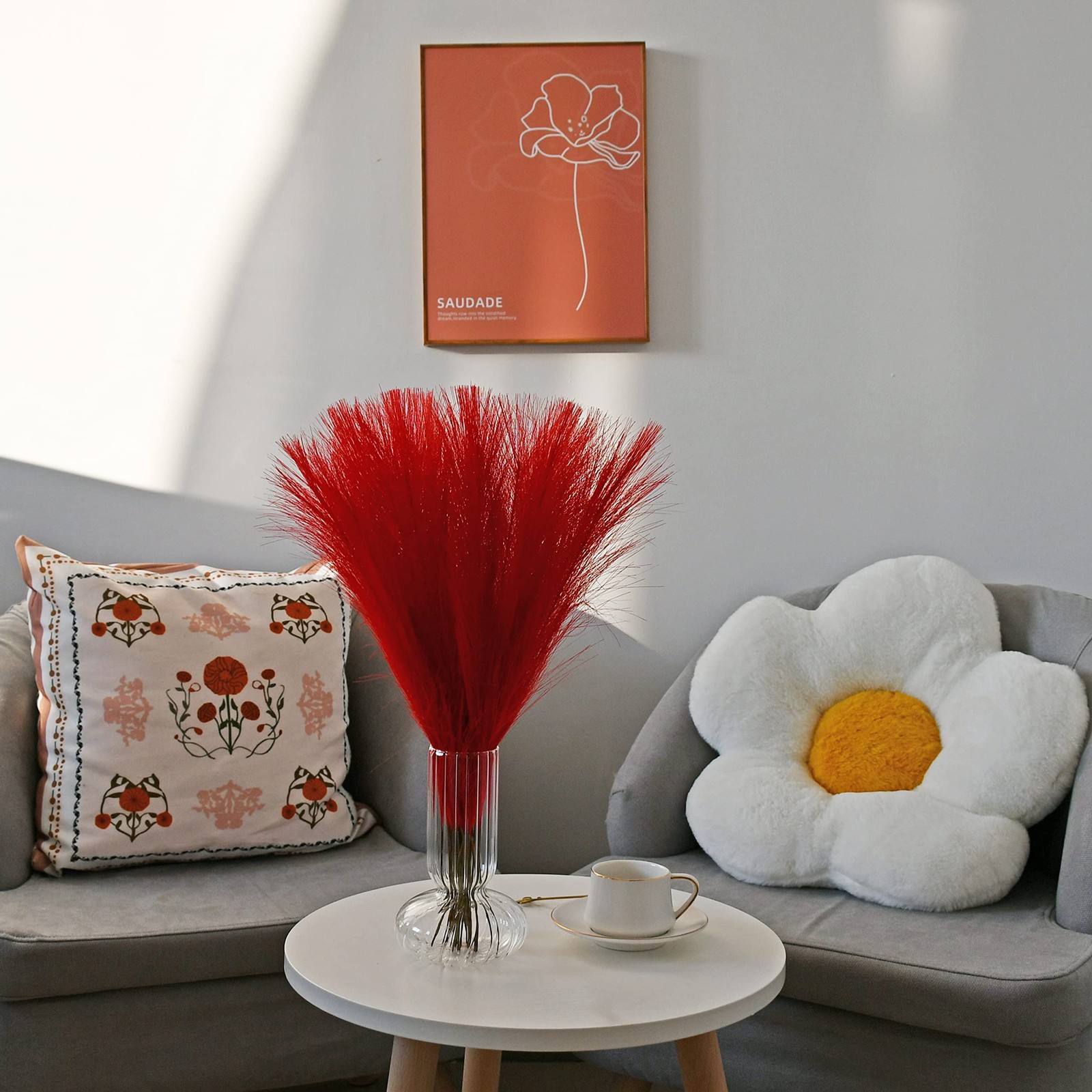 Red Silk Pampas Grass Bouquet 20 Stems 17.7in Fluffy Artificial Pampas with B…