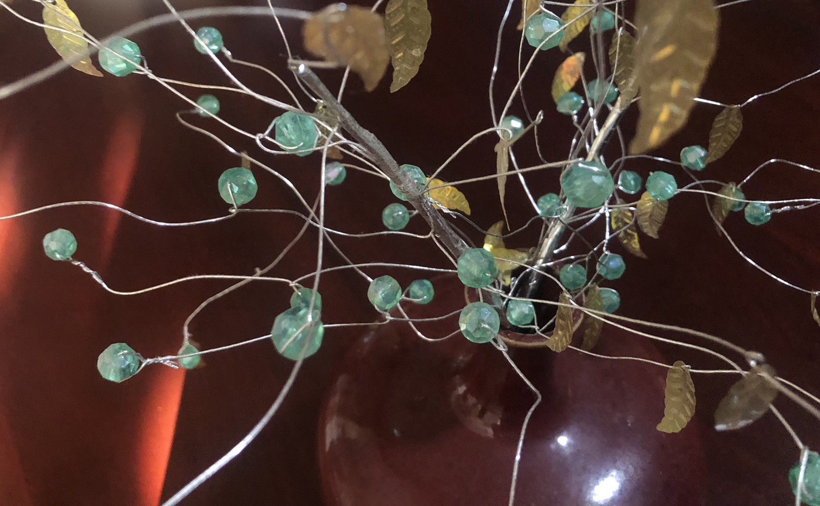 Set of 2 UNIQUE AQUA BEADED IRIDESCENT LEAVES WIRED SPRAY STEM VASE DECORATION