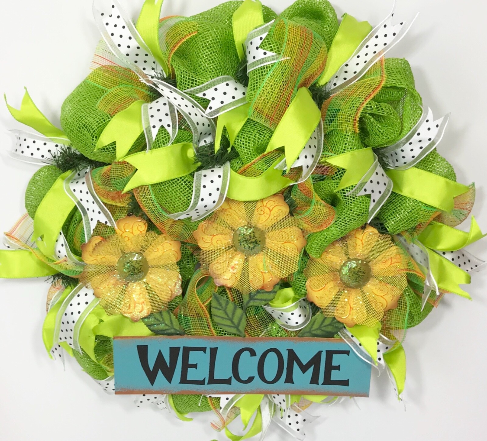 SUMMER WREATH GREEN DECO MESH YELLOW DAISY FLOWERS METAL WELCOME SIGN RIBBONS