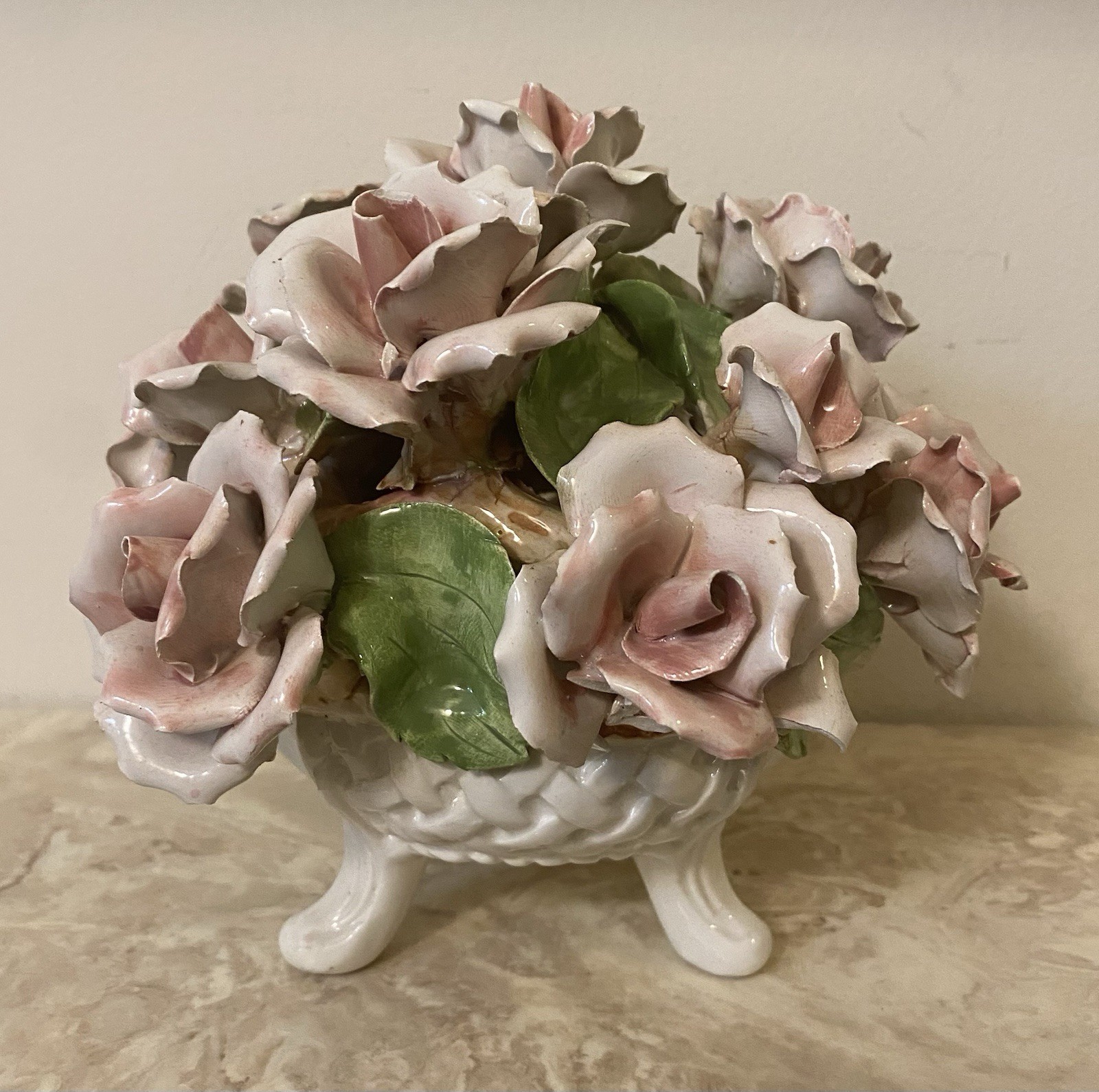 Porcelain Flower Centerpiece Capodimonte Style Italy Pink Roses 6” Tall