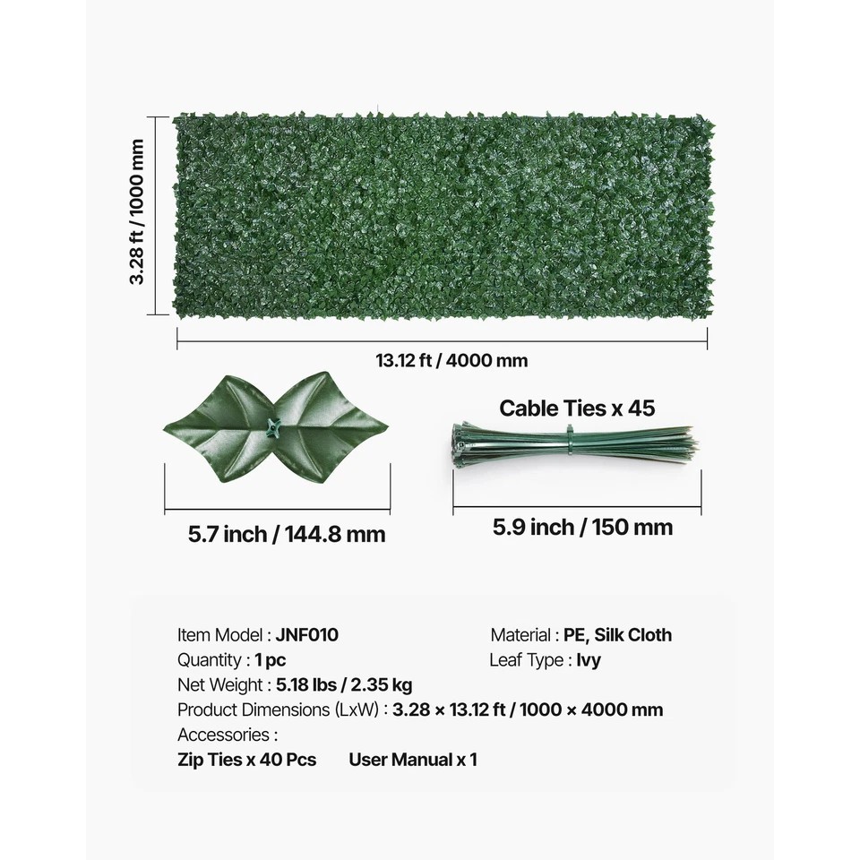 39×158″ Artificial Faux Ivy Leaf Privacy Fence Screen Mesh Cloth Backing