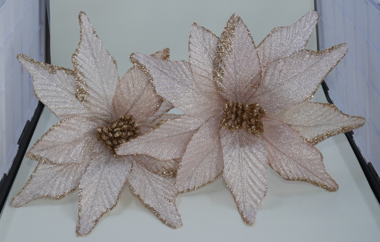 Jumbo Light Pink Poinsettia Gold Sparkle Holiday Christmas Picks 2pc LOT