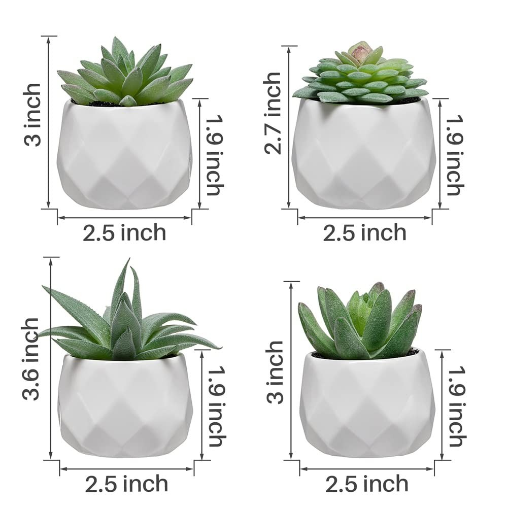 4 Pack Fake Succulent Plant Set, Mini Artificial Ceramic Pots, Green Desk Decor