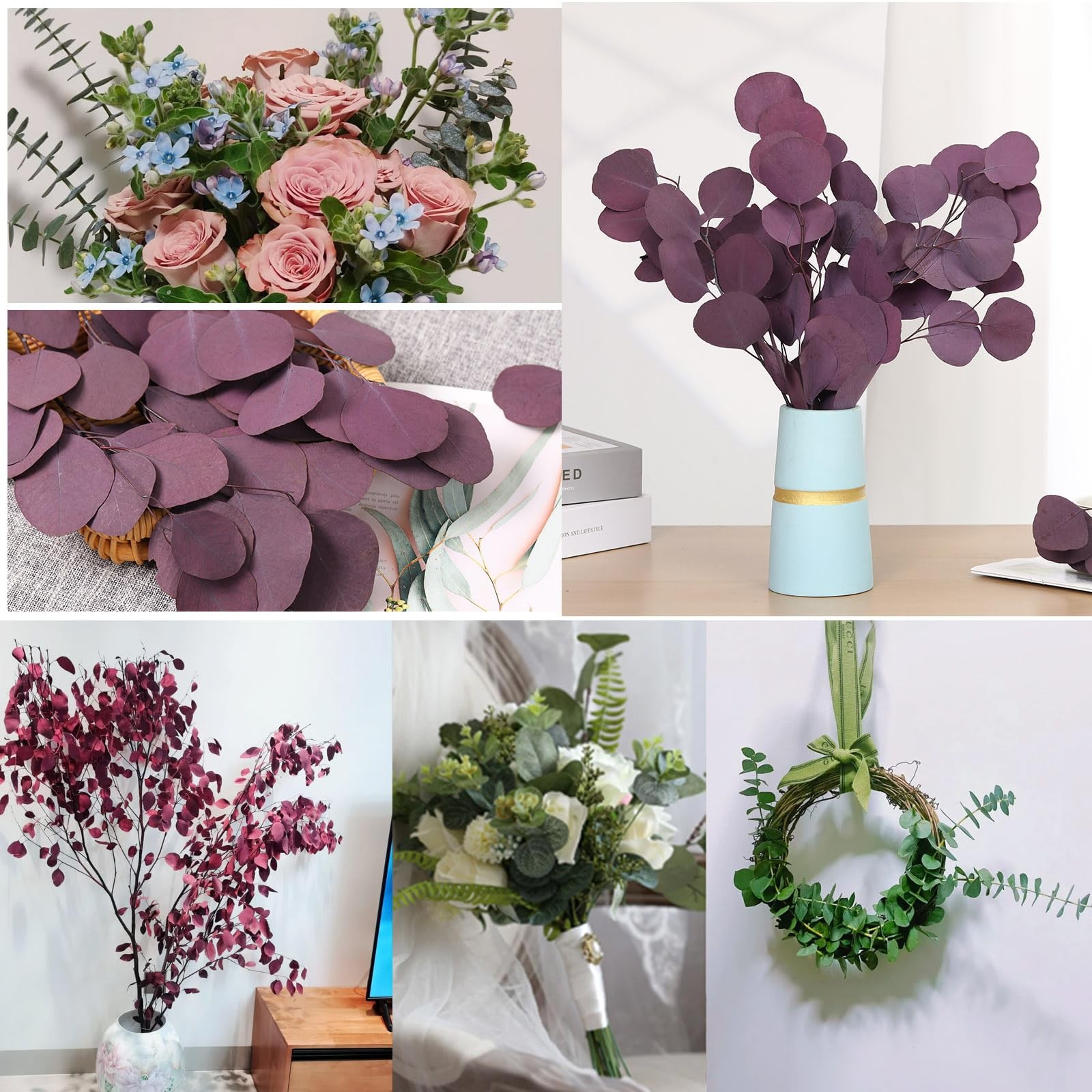 Preserved Dried Eucalyptus Stems, Purple Eucalyptus Leaves, 4-10 Pcs Silver D…